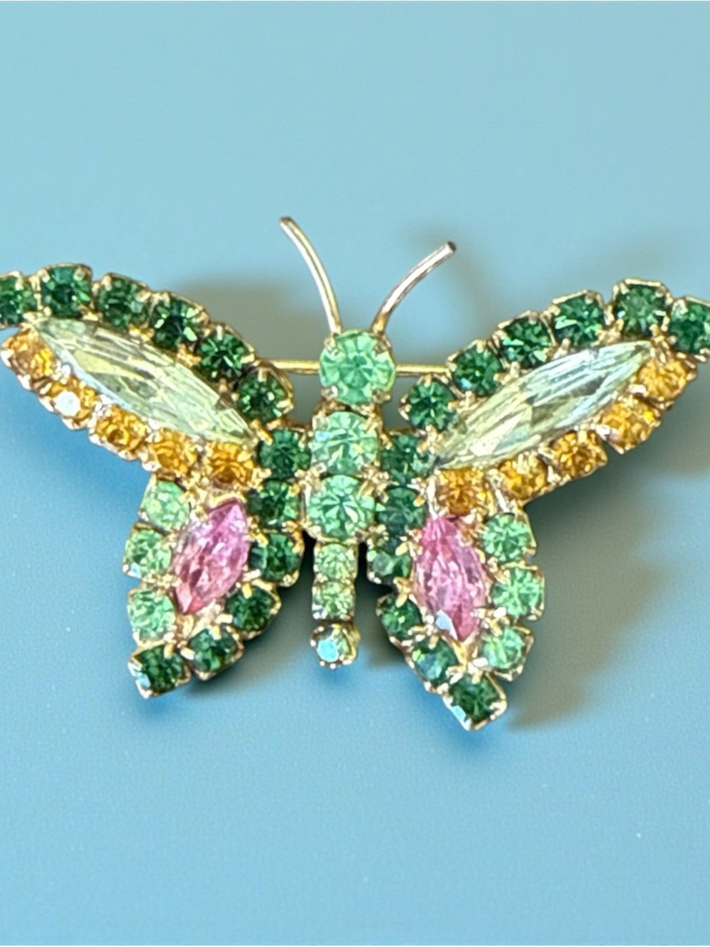 Vintage Gold Tone Crystal Rhinestone Butterfly Brooch Pin Green Pink